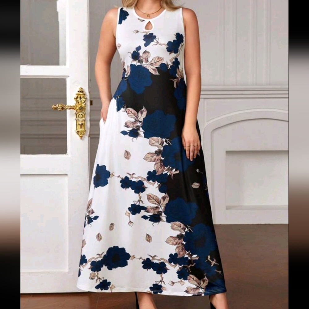 Plus size Floral Print Keyhole Neckline Sleeveless Dress